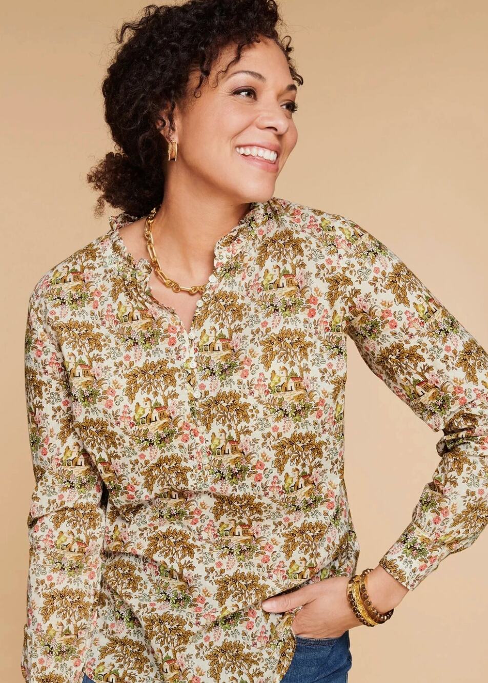 Talbots Womens M Multi Countryside Floral Cotton Button Up Popover Top NEW
